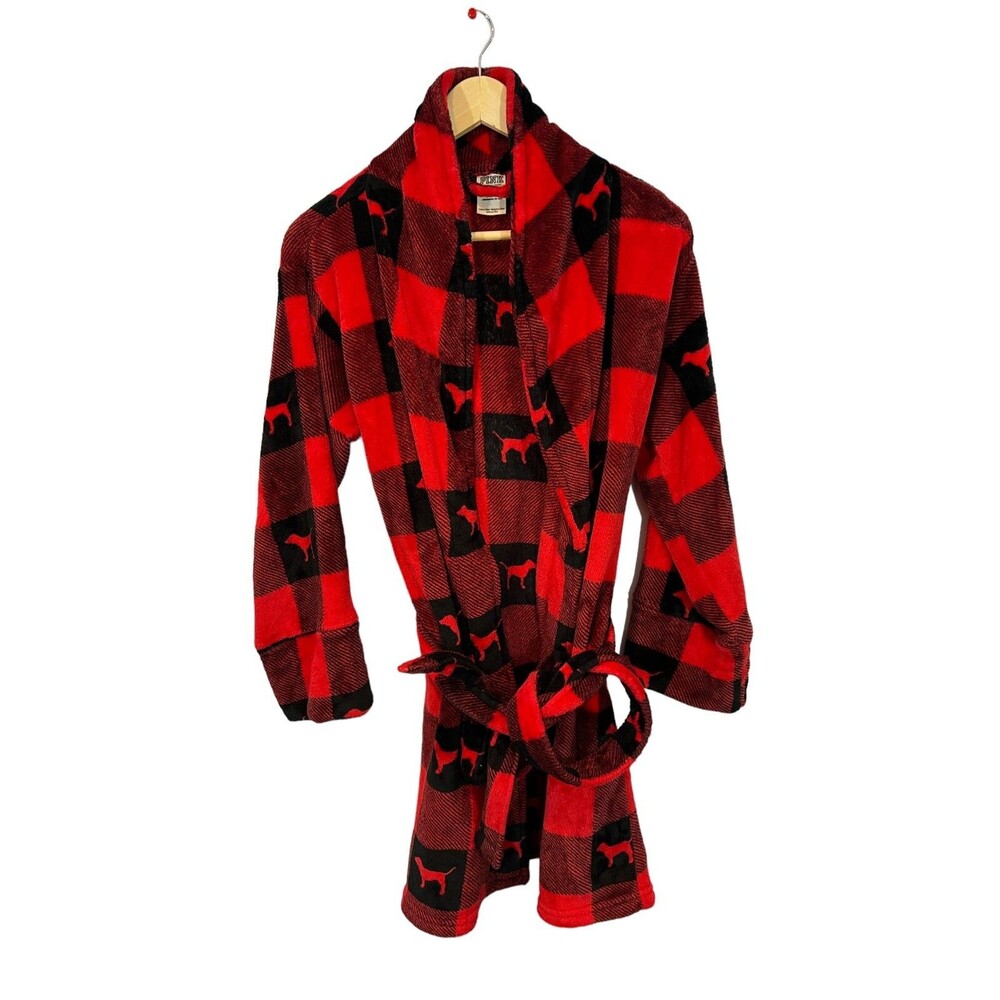 VICTORIA'S SECRET PINK Buffalo Plaid Dog Logo Plush Bath Robe Wrap Belt XS/Small